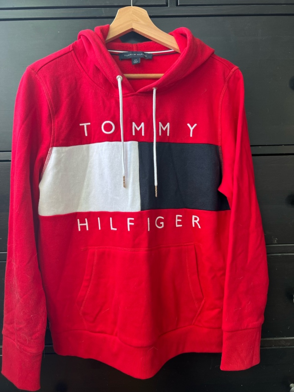 Tommy Hilfiger Red, White & Black Logo Pullover Hoodie - Mens Large